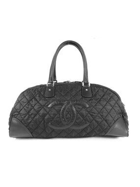 Chanel Paris New York Line Black Silver Nylon Leather Quilted Boston Bag
